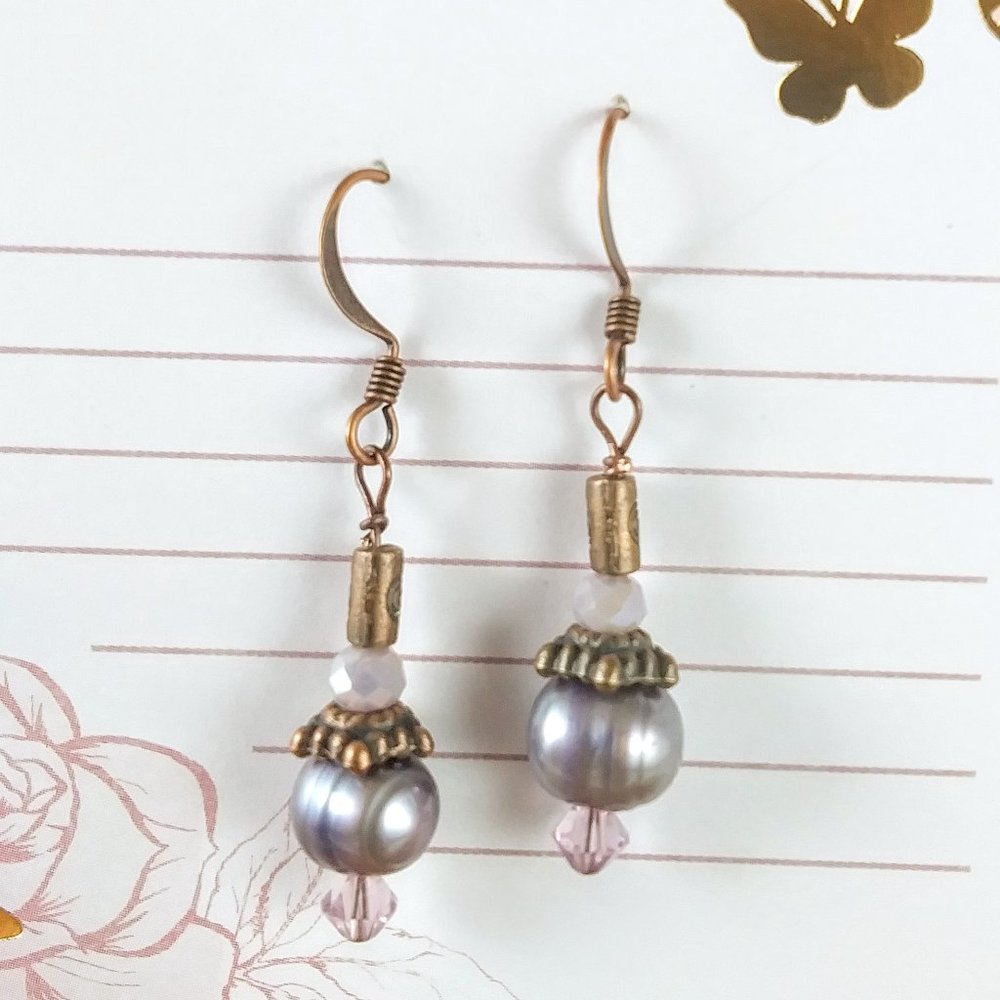 Lavender Pear & Crystal Copper Earrings